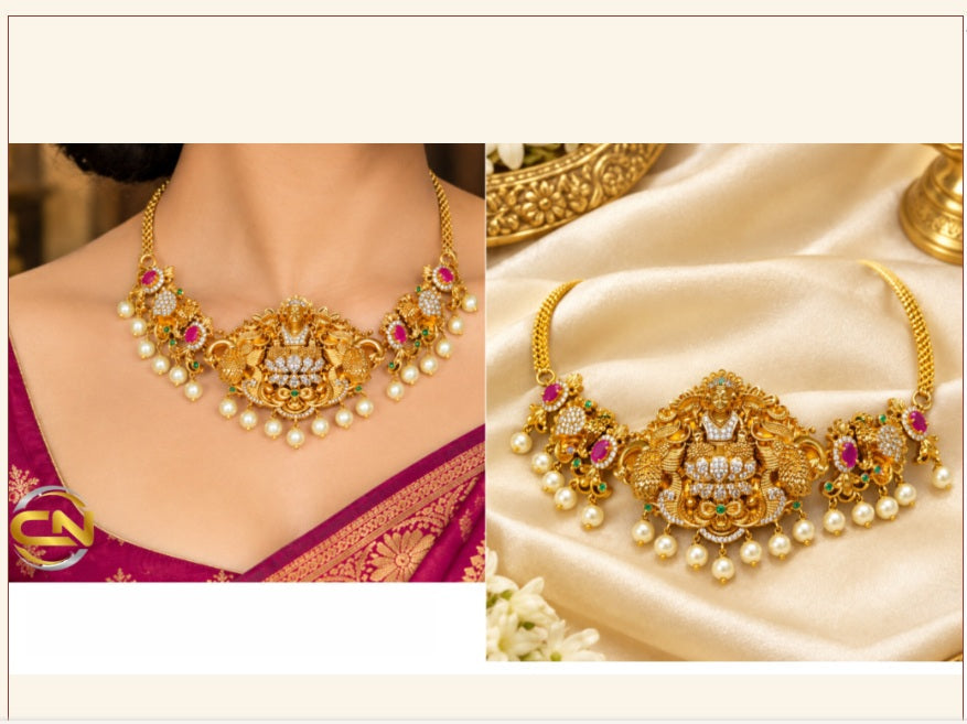 Premium Quality Lakshmi Devi Necklace - Multicolor Temple Jewellery
