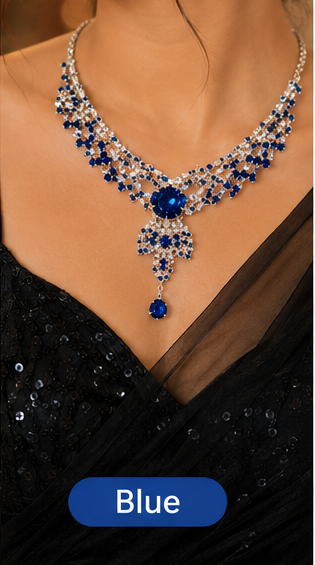 Blue crystal silver necklace set