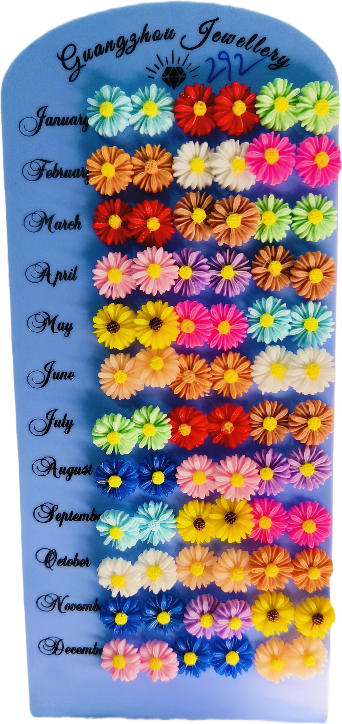 Daisy flower stud earrings display board showing multiple color options by month