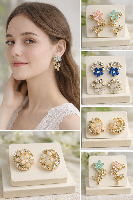 Pack of 6 Korean Earrings - Flower designs with rhinestones