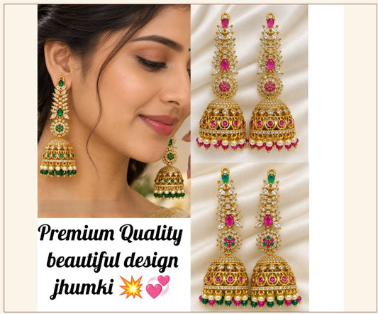 Premium Quality Temple Model Big Beautiful Jhumki in Green, Pink and Multicolor
