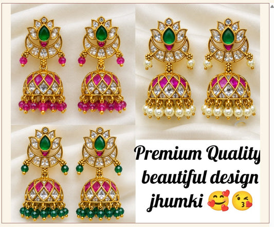 Premium Quality Jadau Kundan Jhumki Earrings in Pink and Green