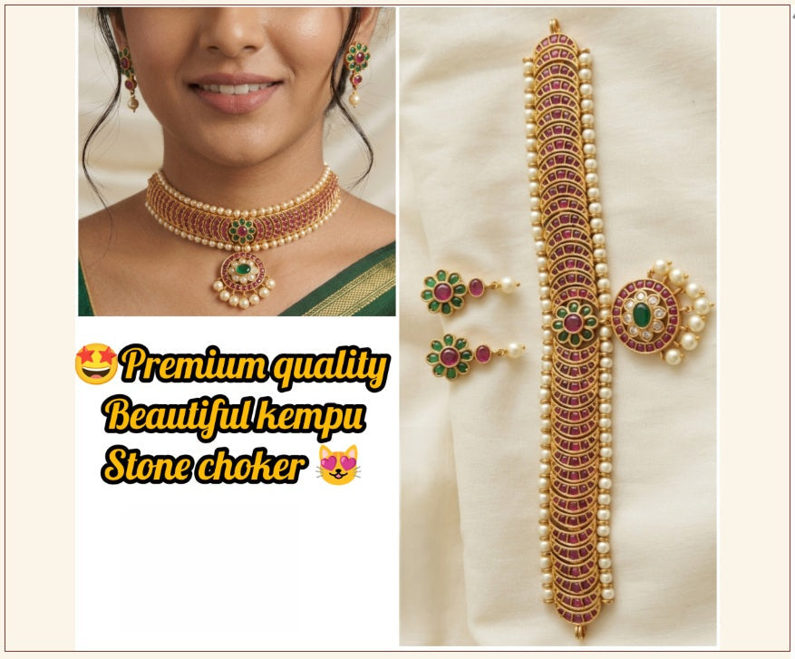 Premium Quality Royal Look Naan Patti Kempu Stone Choker with Earrings