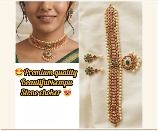Premium Quality Royal Look Naan Patti Kempu Stone Choker with Earrings