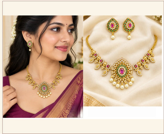 Premium Quality Royal Look Naan Patti Necklace Set with Earrings - Multicolor