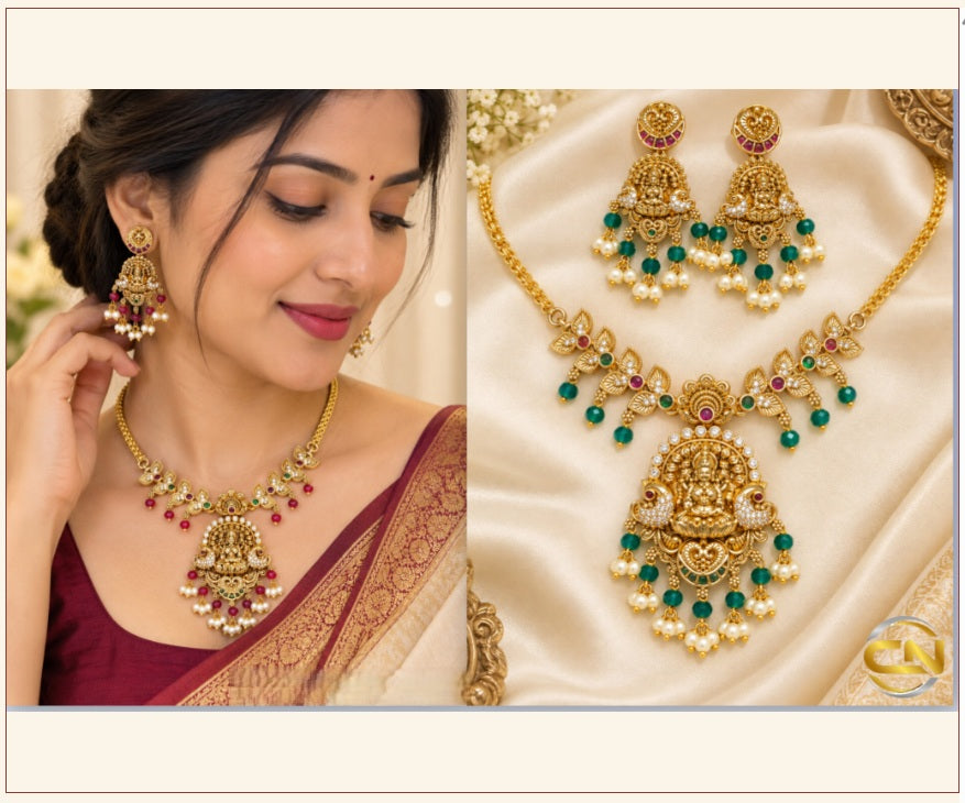 Premium Quality Royal Look Necklace with Lakshmi Devi and Peacock Design with Earrings
