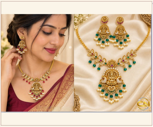 Premium Quality Royal Look Necklace with Lakshmi Devi and Peacock Design with Earrings