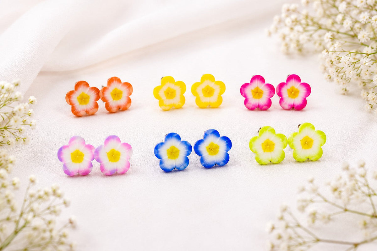 Colorful flower stud earrings - 5 pairs in orange, yellow, pink, purple, blue and green