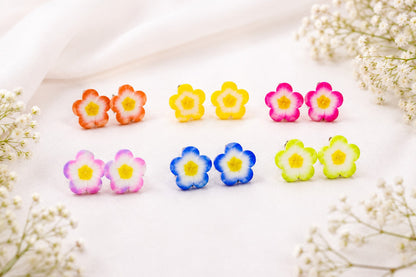 Colorful flower stud earrings - 5 pairs in orange, yellow, pink, purple, blue and green