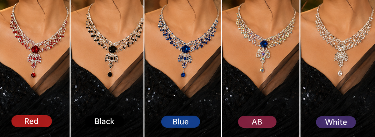 Silver necklace set in 5 colors - Red, Black, Blue, AB, White