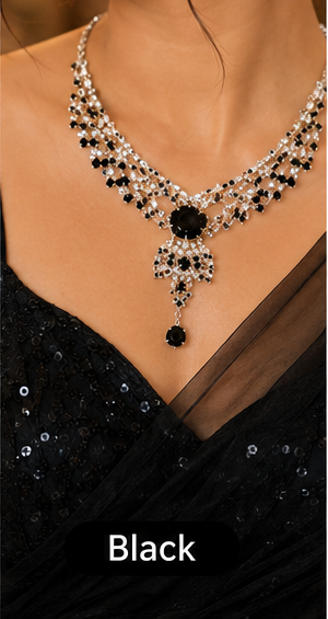 Black crystal silver necklace set