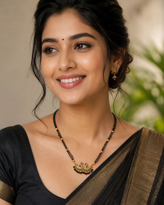Premium Quality 8 Inch Double Layer Black Beads Mangalsutra with Double Peacock CZ Pendant for Women