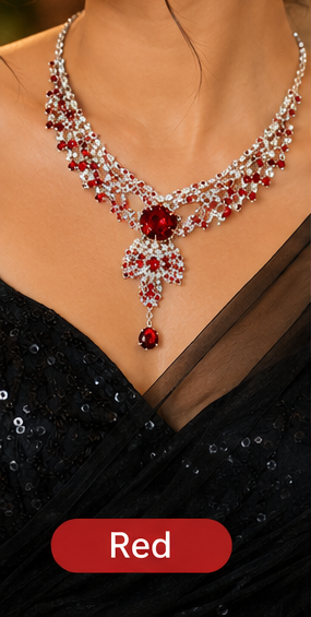 Red crystal silver necklace set