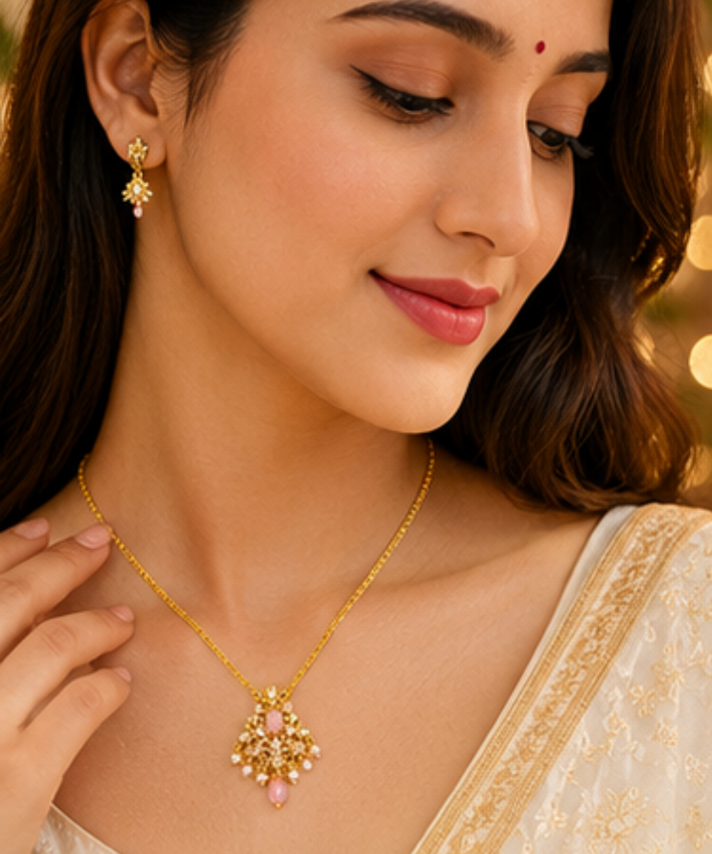 1 Gram Gold Plated CZ Stone Pendant Chain for Women