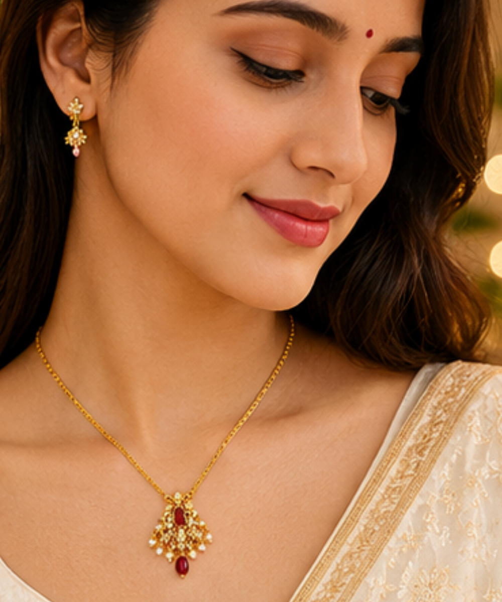 1 Gram Gold Plated CZ Stone Pendant Chain for Women